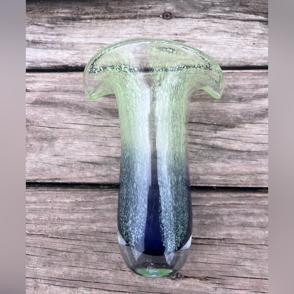 TELAFLORA VINTAGE HAND BLOWN GLASS VASE GREEN & BLUE